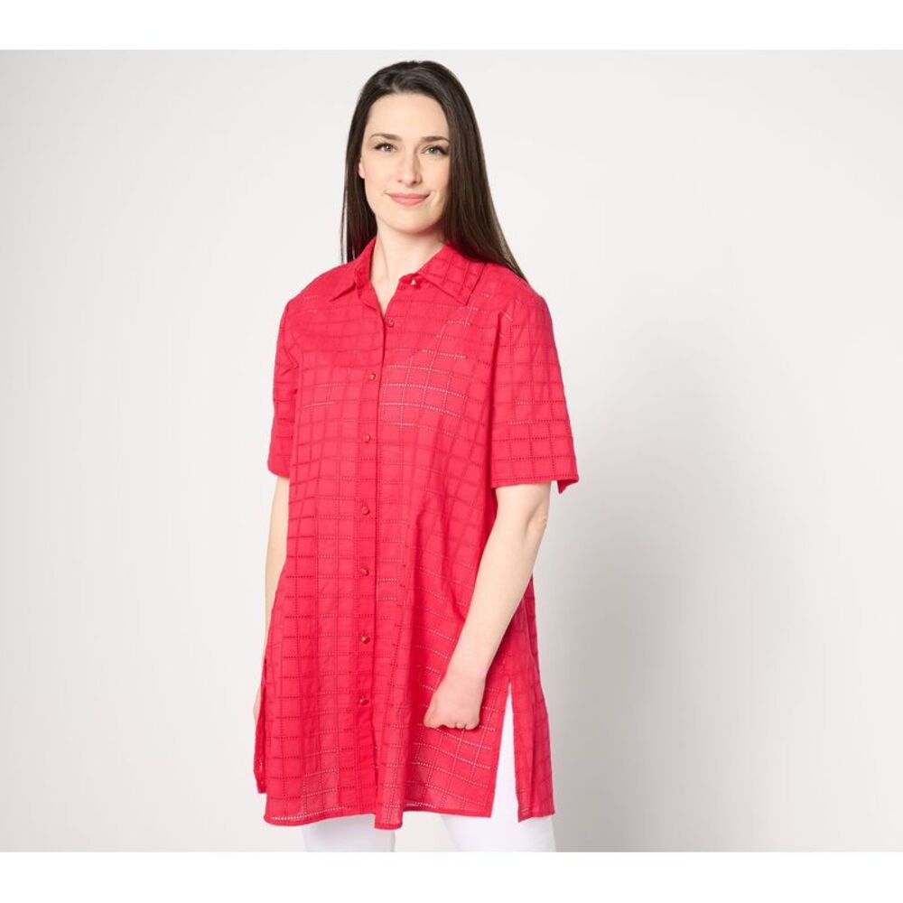 Top Knot Women's Sz M Button Front Eyelet Duster Pink A650051